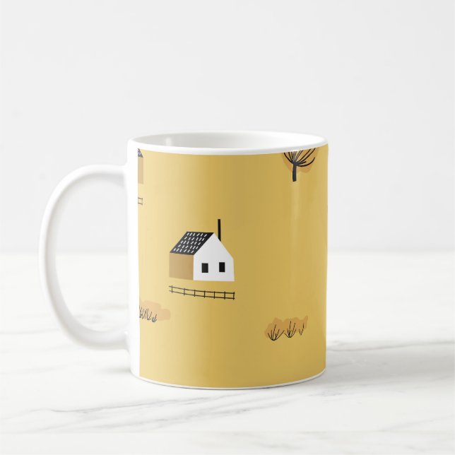 Mug Maison colorée, arbres, chevaux paysage (Gauche)