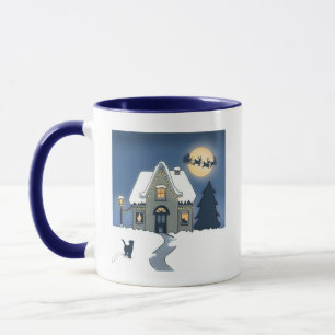 Mug Maison dans la nuit de neige avec chat et Père Noë