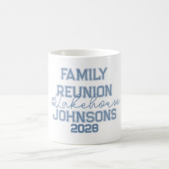 Mug Maison de lac Réunion familiale rétro bleu et blan (Centre)