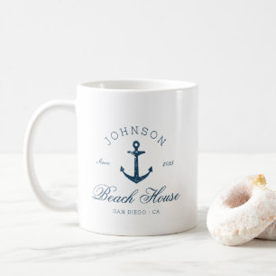Mug Maison de plage vintage côtière Ancre Bleu marine 