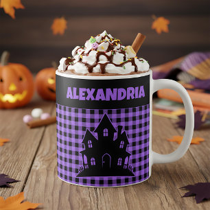 Mug Maison hantée Halloween Nom à carreaux violets et 
