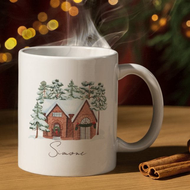 Mug Maisonnette enneigée cosy Nom personnalisé Noël (Créateur téléchargé)