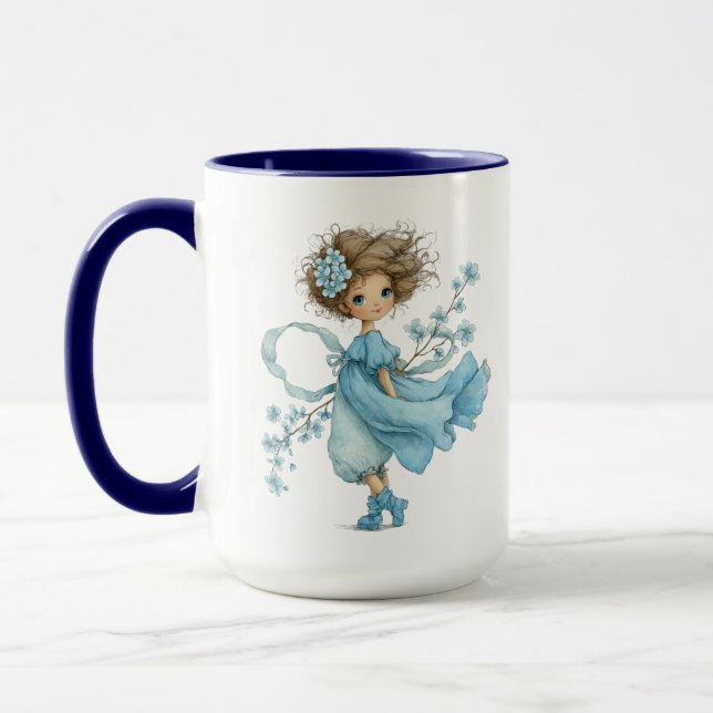 Mug Maisonnette Fantaisiste de Fille aux Fleurs Bleues (Gauche)