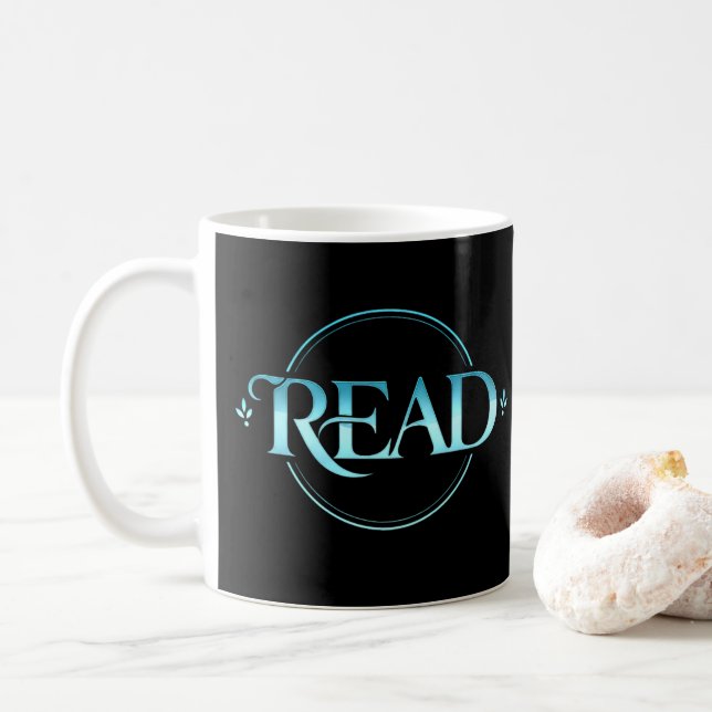 Mug Majestic Blue Glass Typography "READ" Art (Avec donut)