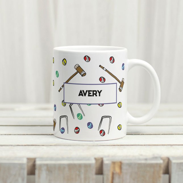 Mug Mallettes de croquet personnalisées Boho illustré  (This personalized croquet pattern is hand-drawn and unique. A great gift for a croquet player!
)