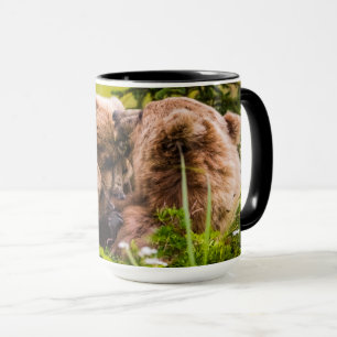 Mug Mama bear nourrit ses deux petits, Lake Clark Nati