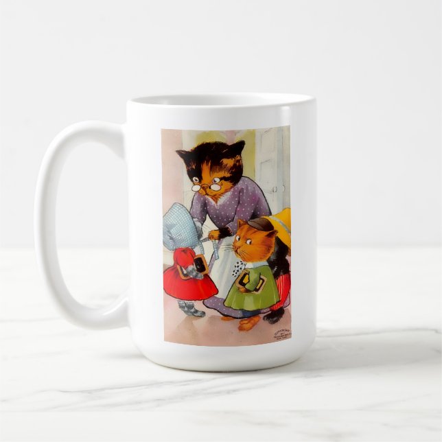 Mug Mama Chat, Kittens Se préparer pour l'école vintag (Gauche)