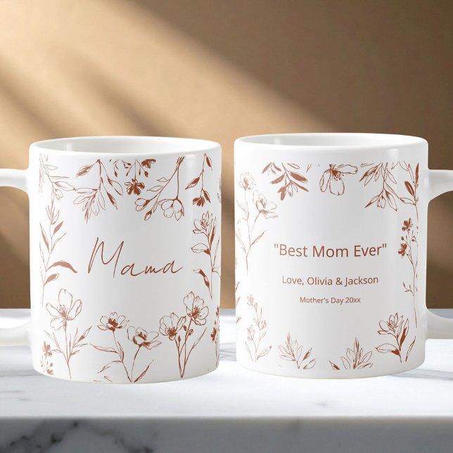 Mug Mama Custom Quote Brown White Floral Line Art  (Front and Back)