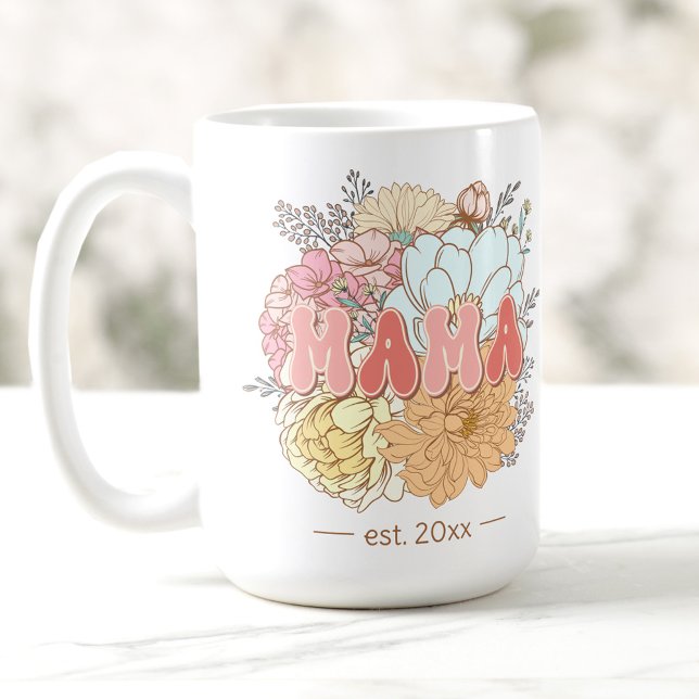 Mug Mama Etabli Fleurs Rétro Maman Grande (Established Mama Retro Flowers Mom Large Coffee Mug)