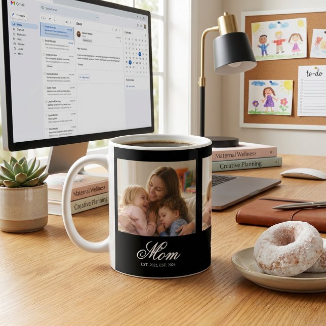 Mug Maman a établi le script blanc 3 Photo (Mom Established Script White 3 Photo Coffee Mug)