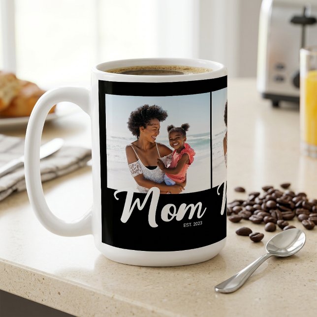 Mug Maman a établi le script noir 3 Photo (Mom Established Script Black 3 Photo Coffee Mug)