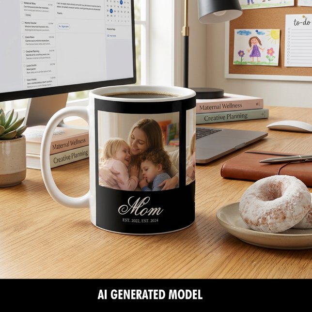 Mug Maman a établi l'histoire de la maternité en trois (Mom Established Script White 3 Photo Coffee Mug)