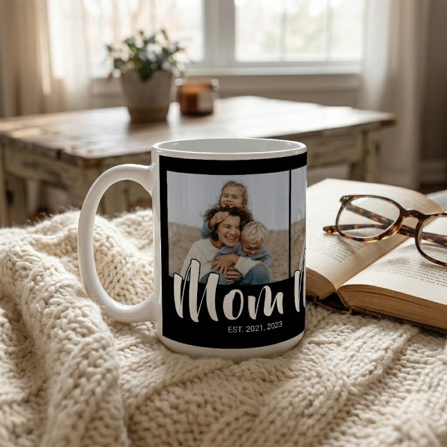 Mug Maman a établi un script noir 3 Photo (Mom Established Script Black 3 Photo Coffee Mug)