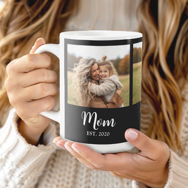 Mug Maman a établi un script noir et blanc 3 Photo (Mom established 3 photo personalized mug gift)