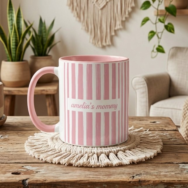 Mug Maman | Annonce de naissance Bébé avec rayures ros (personalized new mom dad mug, baby announcement coffee mug, first time dad mom mug,)