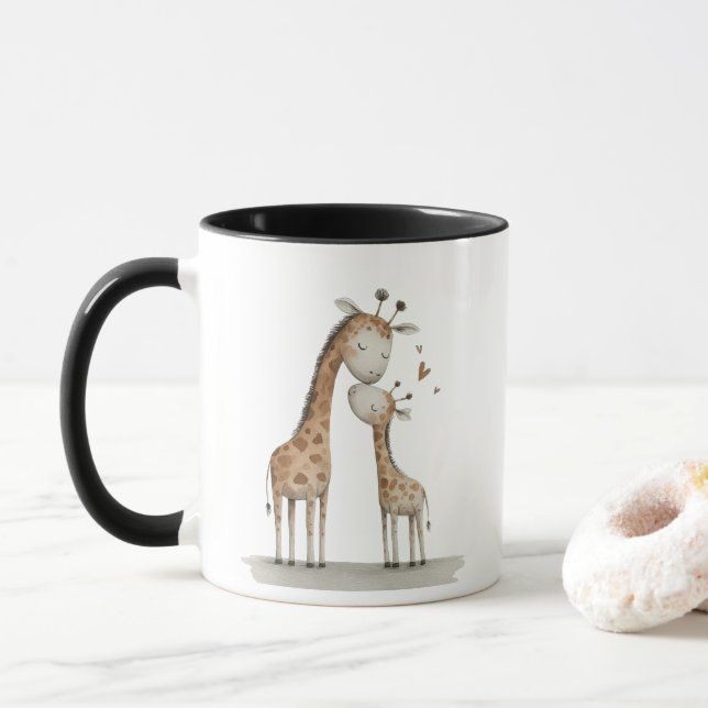 Mug Maman & bébé girafe illustration mignonne (Avec donut)
