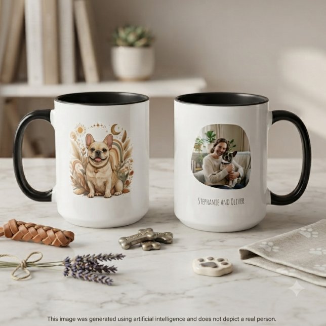 Mug Maman Bouledogue Français Bohème Art (A whimsical French Bulldog illustration on a mug, a heartfelt gift for a dog mom’s birthday.)