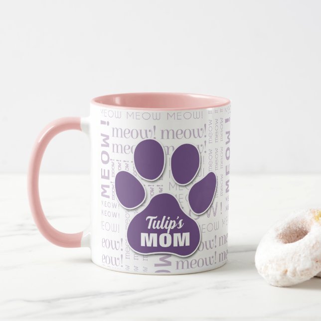 Mug Maman chat Empreinte de patte pourpre avec le nom  (Avec donut)