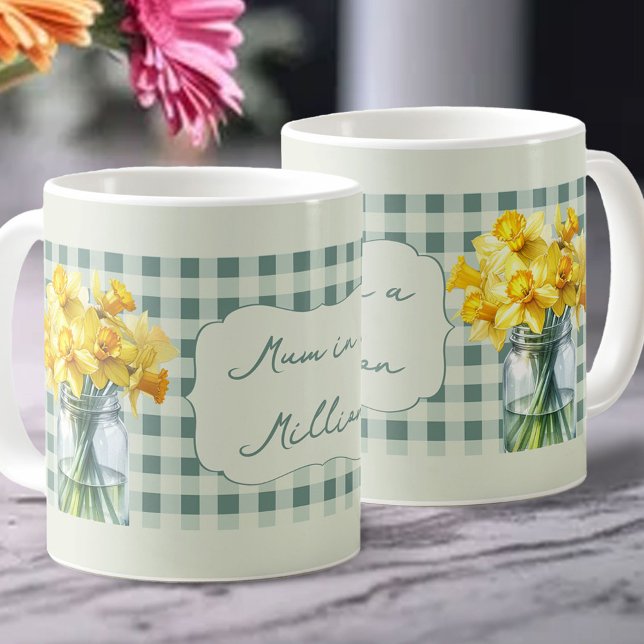 Mug Maman en or avec des jonquilles vertes en pot (Mug for mum in a million with daffodils and editable poem - perfect for Mother's Day)