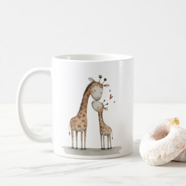 Mug Maman et bébé girafe Illustration mignonne (Avec donut)