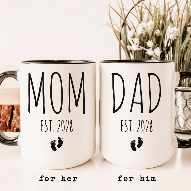 Mug Maman et Papa | Révélation de bébé avec écriture é (Personalized Mom Mug New Baby Shower Gift, Personalized Dad Coffee Mug New Baby Announcement Gift)