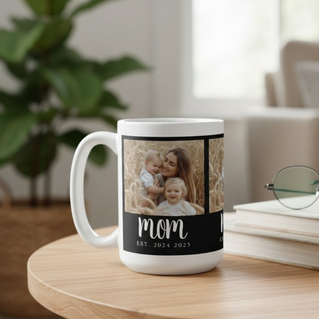 Mug Maman Etabli Script Black 3 Photo (modern trendy 3 photo mom established dates mug for unique heartfelt mother's day christmas gifts)
