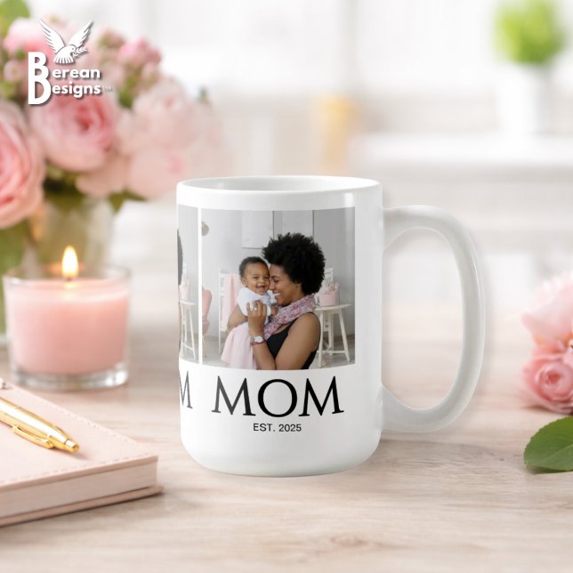 Mug Maman Établit Photo Blanche Caps Classique (MOM ESTABLISHED Photo Mug with customizable photos and year. Ideal gift for Mother's Day. )