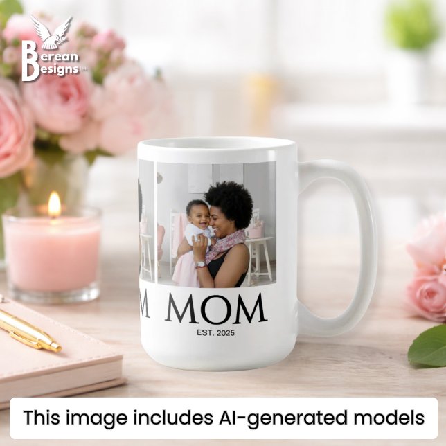 Mug Maman Établit Photo Blanche Caps Classique (MOM ESTABLISHED Photo Mug with customizable photos and year. Ideal gift for Mother's Day. )