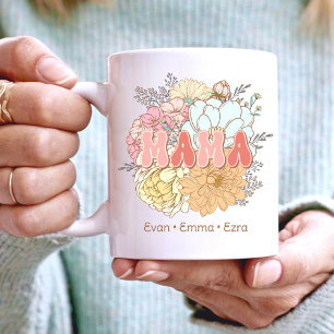 Mug Maman, Fleurs rétro, Maman, noms d'enfants