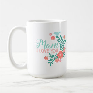 Mug Maman je t'aime texte, motif floral rose et bleu