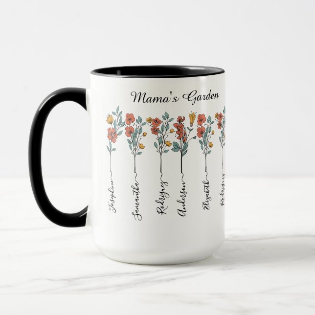 Mug Mama's Garden Custom 6 Noms cadeau floral pour mam (Gauche)
