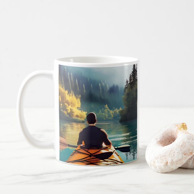 Mug Man Kayak sur un lac entouré d'arbres (Avec donut)