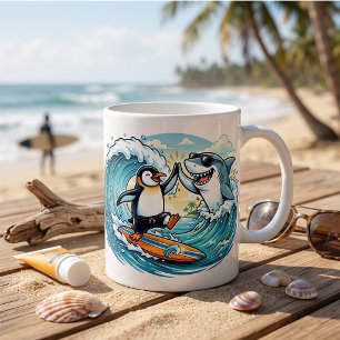 Mug Manchot surfeur et requin high five