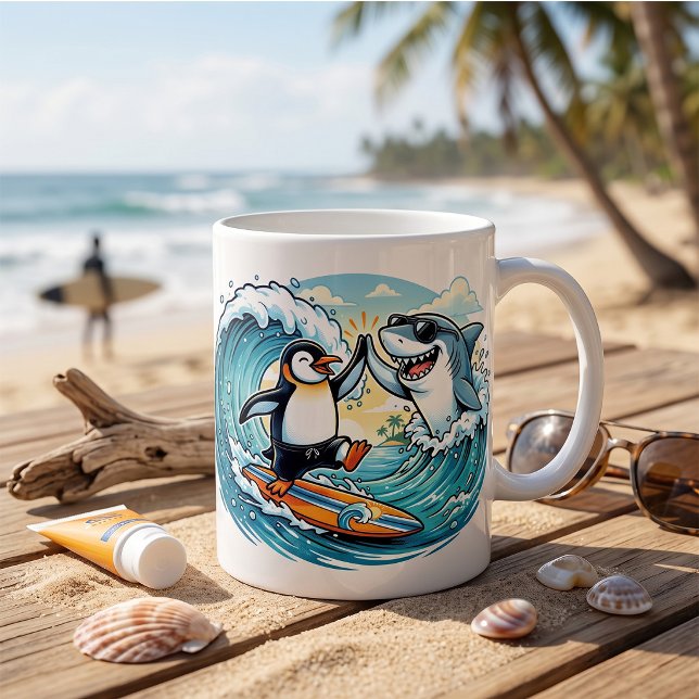 Mug Manchot surfeur et requin high five (Créateur téléchargé)