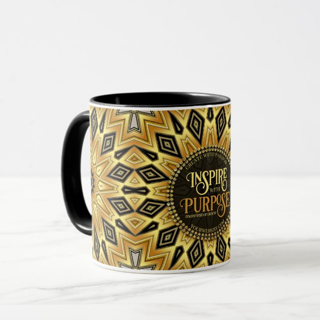 Mug Mandala Art déco orange noir jaune (Devant gauche)