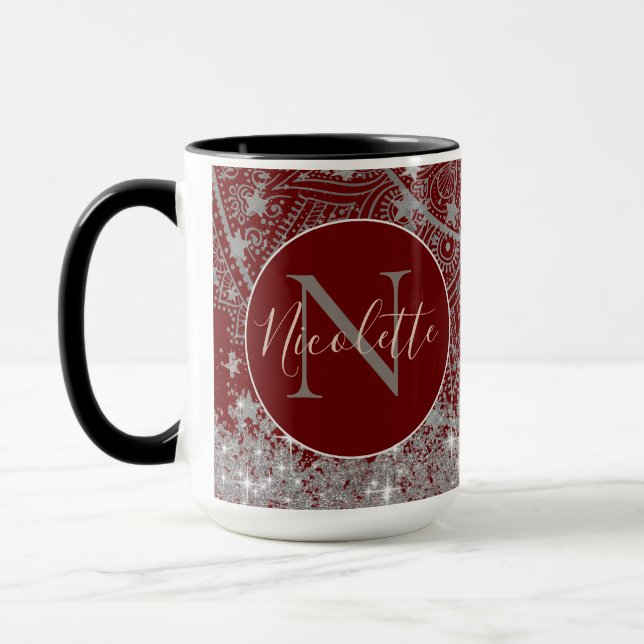 Mug Mandala avec Monogramme Parties scintillant Argent (Gauche)