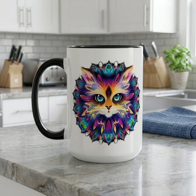 Mug Mandala avec portrait de chat mignon et duveteux (Mandala with cute furry Cat portrait. Mug)