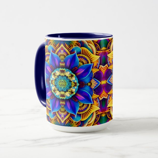 Mug Mandala bleu soleil  (Devant gauche)