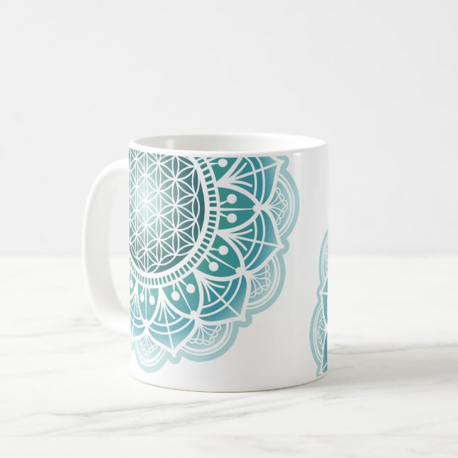 Mug Mandala - Fleur de vie - Turquoise (Devant gauche)
