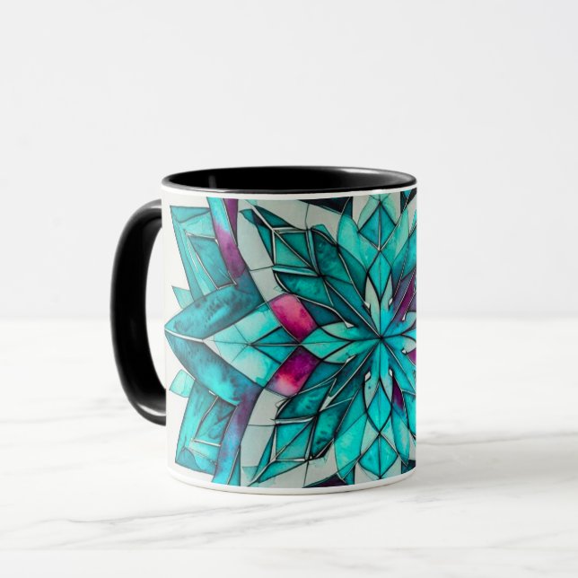 Mug Mandala floral aquarelle bleu, sarcelle et rose (Devant gauche)