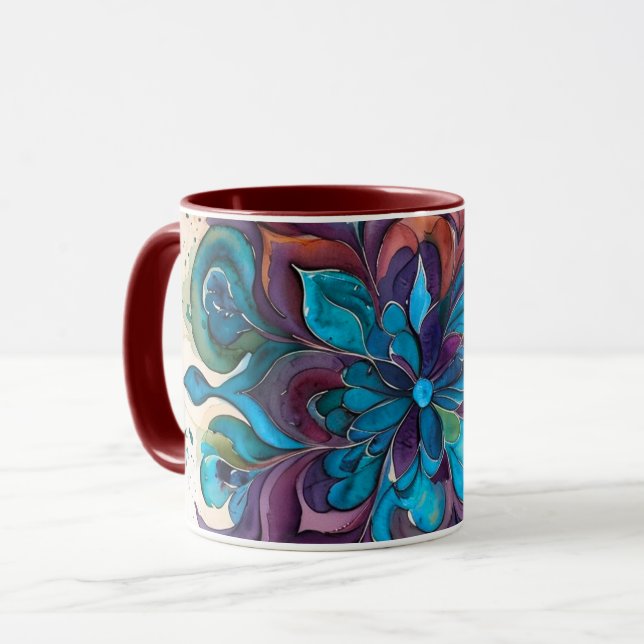 Mug Mandala floral aquarelle violet et bleu (Devant gauche)