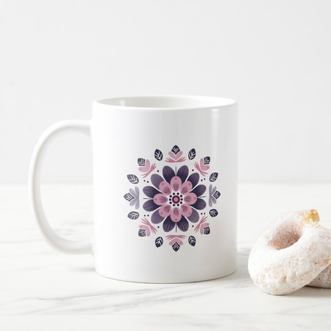 Mug Mandala floral rose et violet - Scandinave (Avec donut)