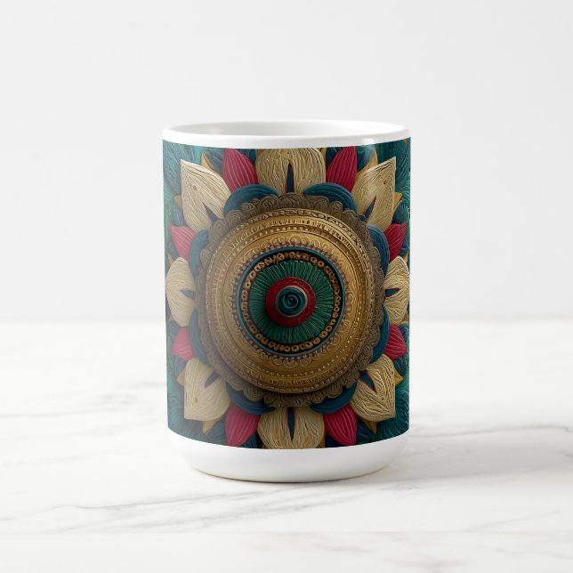 Mug Mandala floral texturé complexe en sarcelle et or (Centre)