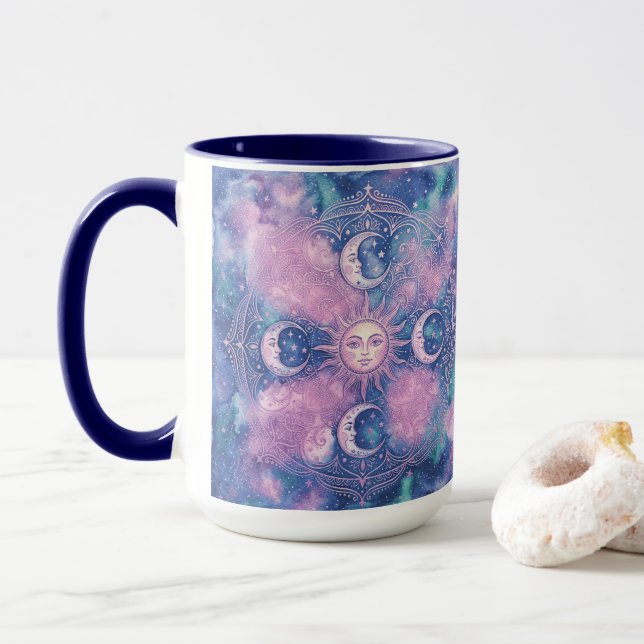 Mug Mandala Galaxie Nébuleuse Soleil & Lune Céleste (Avec donut)