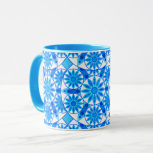 Mug Mandala Motif, Bleu de Cobalt, Turquoise et Blanc
