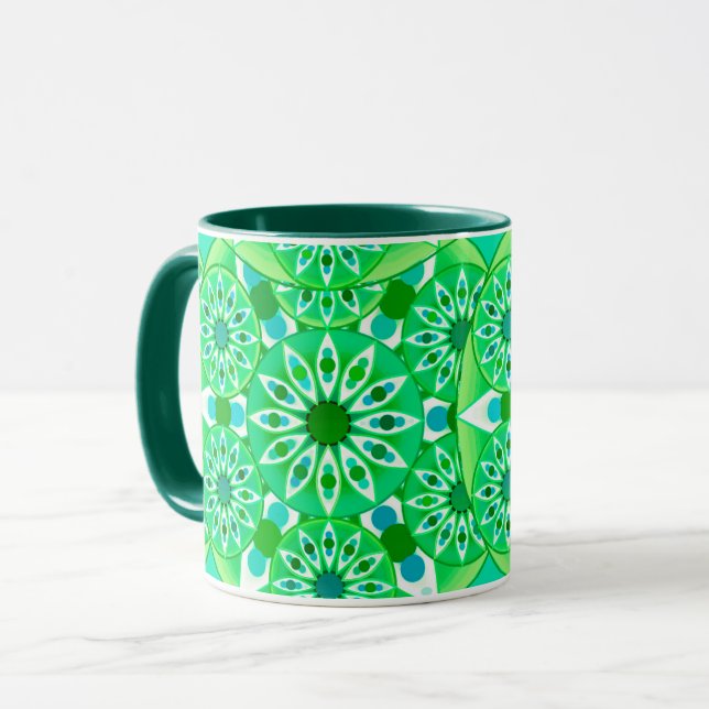 Mug Mandala motif, vert émeraude et paon (Devant gauche)