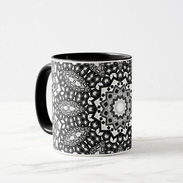 Mug Mandala noir blanc, kaléidoscope, ornement rond (Devant gauche)