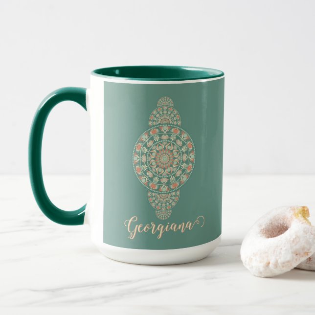 Mug Mandala Ornementale Rétro Sage & Sable customisé (Avec donut)