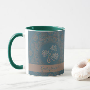 Mug Mandala personnalisé doré et sarcelle de style roc
