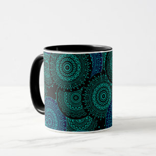 Mug Mandala rond bleu turquoise sur fond noir